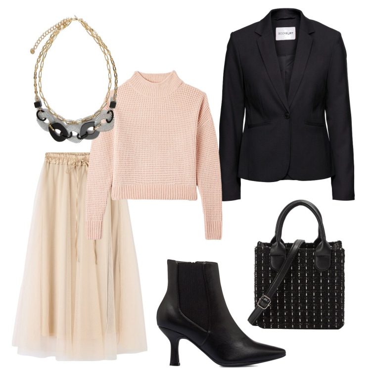 Outfit donna - Serata con gli amici. Stile Trendy per Serata fuori. Abbinamento con blazer, gonne lunghe, maglieria, shopping bag, stivaletti, collane.
