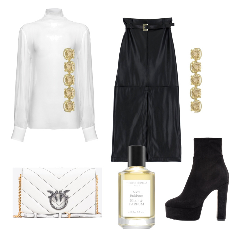 Outfit donna - Eleganza. Stile Chic per Cerimonia. Abbinamento con profumi, bluse, borse a tracolla, stivaletti, gonne lunghe, orecchini.