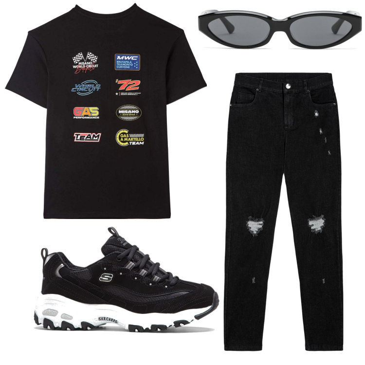 Outfit donna - Nero Mannish casual. Stile Mannish per Tutti i giorni. Abbinamento con scarpe sportive, t-shirt, jeans skinny, occhiali da sole.