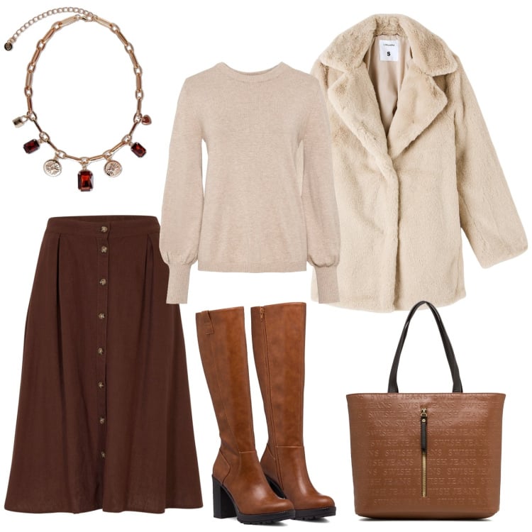 Outfit donna - Ufficio o serata fuori?. Stile Vintage retrò per Ufficio. Abbinamento con maglieria, gonne longuette, collane, stivali sopra il ginocchio, borse a spalla, ecopellicce.