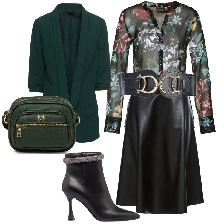 Outfit donna - La gonna a ruota in ecopelle. Stile Chic per Ufficio. Abbinamento con blazer, gonne, camicie, cinture, stivaletti, borse a tracolla.