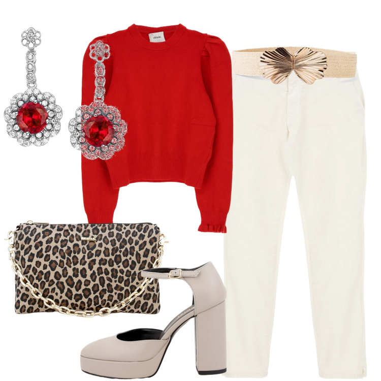 Outfit donna - Cena con i colleghi. Stile Casual chic per Serata fuori. Abbinamento con cinture, décolleté, pochette, maglieria, jeans slim fit, ciondoli.