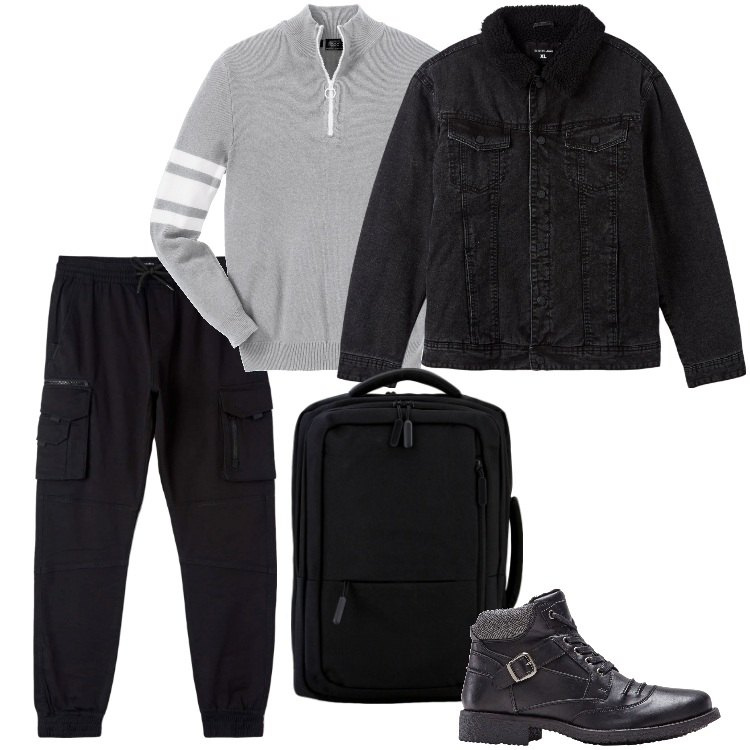 Outfit uomo - Total look #1772248. Stile Urban per Tutti i giorni. Abbinamento con t-shirt sportive, stivali e stivaletti, cappotti, pantaloni cargo, borse sportive.