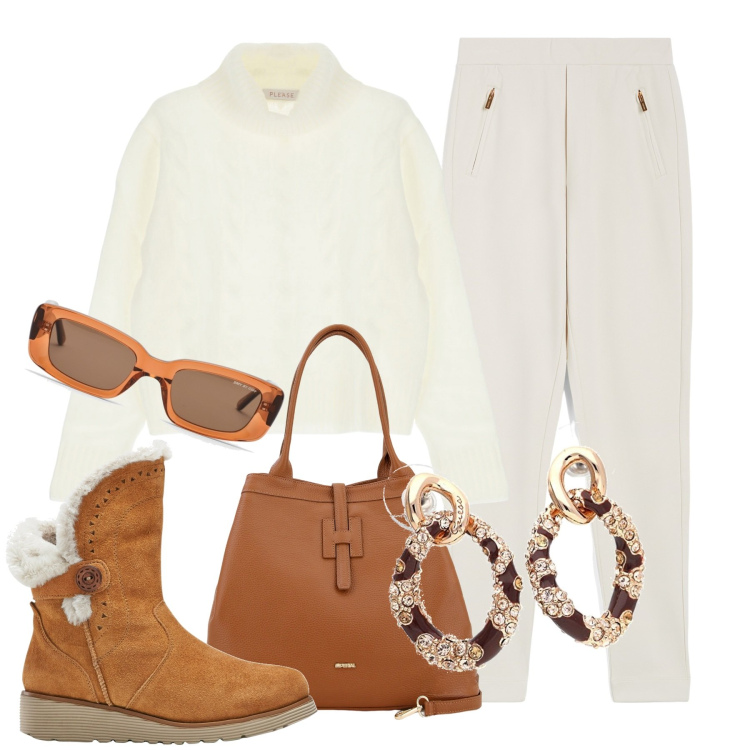 Outfit donna - Winter vibes. Stile Sporty chic per Tutti i giorni. Abbinamento con stivali, maglieria, borse a secchiello, pantaloni, orecchini, occhiali da sole.