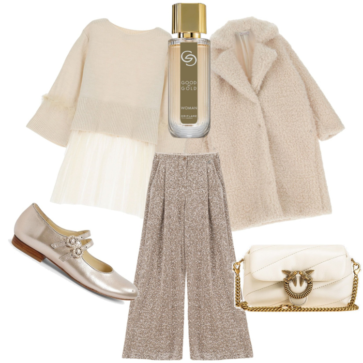 Outfit donna - Gradazioni. Stile Glamour per Serata fuori. Abbinamento con profumi, borse a tracolla, cappotti, pantaloni a palazzo, maglieria, ballerine.