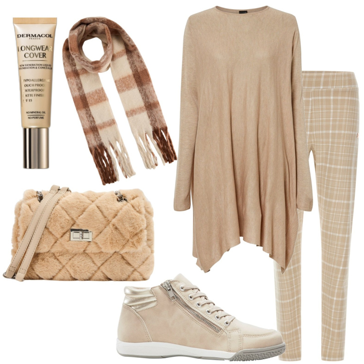 Outfit donna - Casual. Stile Casual per Tutti i giorni. Abbinamento con maglieria, sneakers alte, fondotinta, sciarpe, borse a spalla, pantaloni.