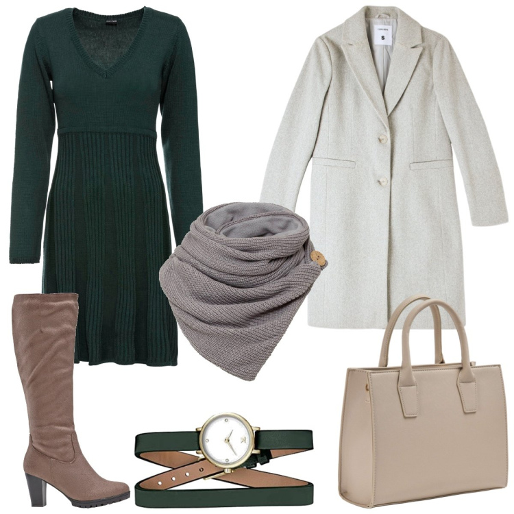 Outfit donna - Ufficio in verde e grigio. Stile Casual per Ufficio. Abbinamento con vestiti, foulard, stivali, cappotti, shopping bag, orologi analogici.