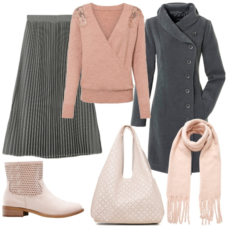 Outfit donna - In rosa e chic. Stile Casual chic per Tutti i giorni. Abbinamento con maglieria, cappotti, stivaletti, gonne longuette, sciarpe, borse a spalla.