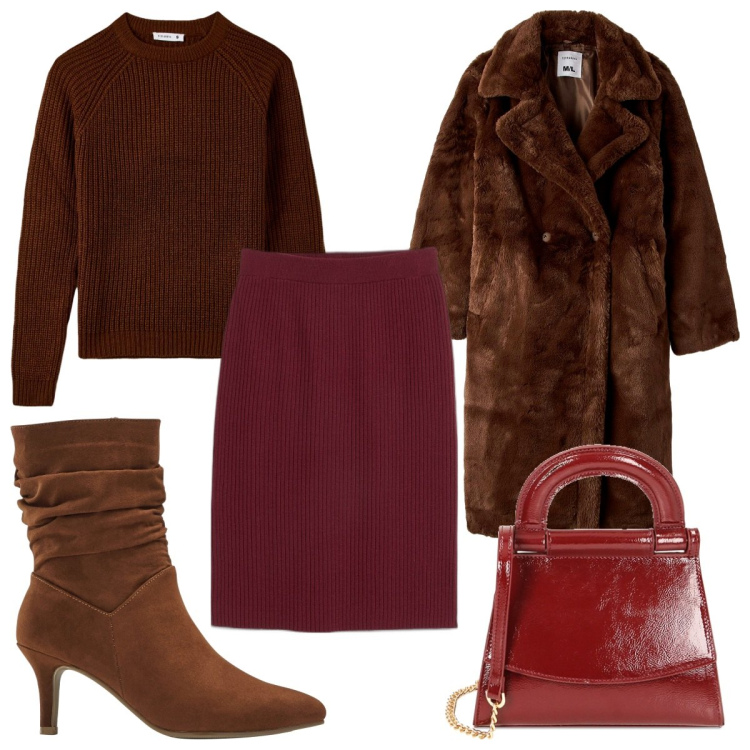 Outfit donna - Total look #1772306. Stile Chic per Tutti i giorni. Abbinamento con gonne, stivaletti, maglieria, ecopellicce, borse a mano.