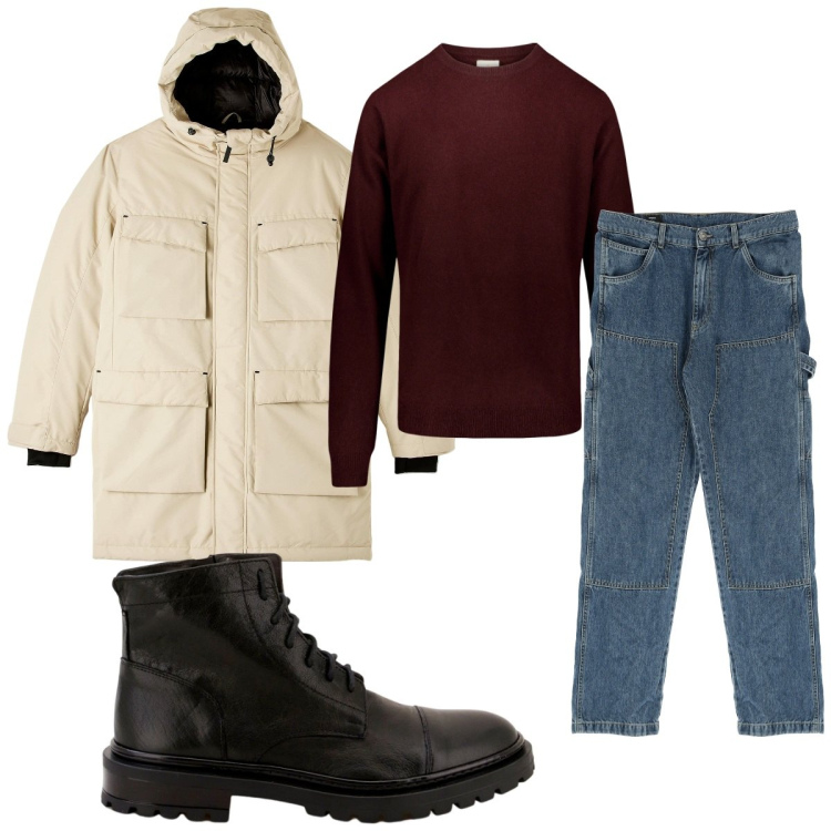 Outfit uomo - Total look #1772321. Stile Casual per Tutti i giorni. Abbinamento con parka, pantaloni, scarpe stringate, maglieria.