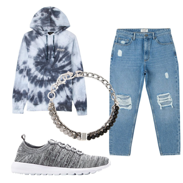 Outfit uomo - Total look #1772325. Stile Urban per Tutti i giorni. Abbinamento con sneakers, jeans strappati, felpe con cappuccio, braccialetti.