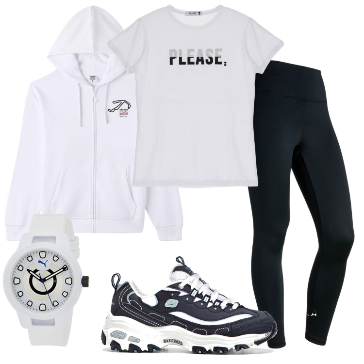 Outfit donna - Casual sport. Stile Casual per Sport. Abbinamento con scarpe sportive, felpe con cappuccio, t-shirt, leggings, orologi.
