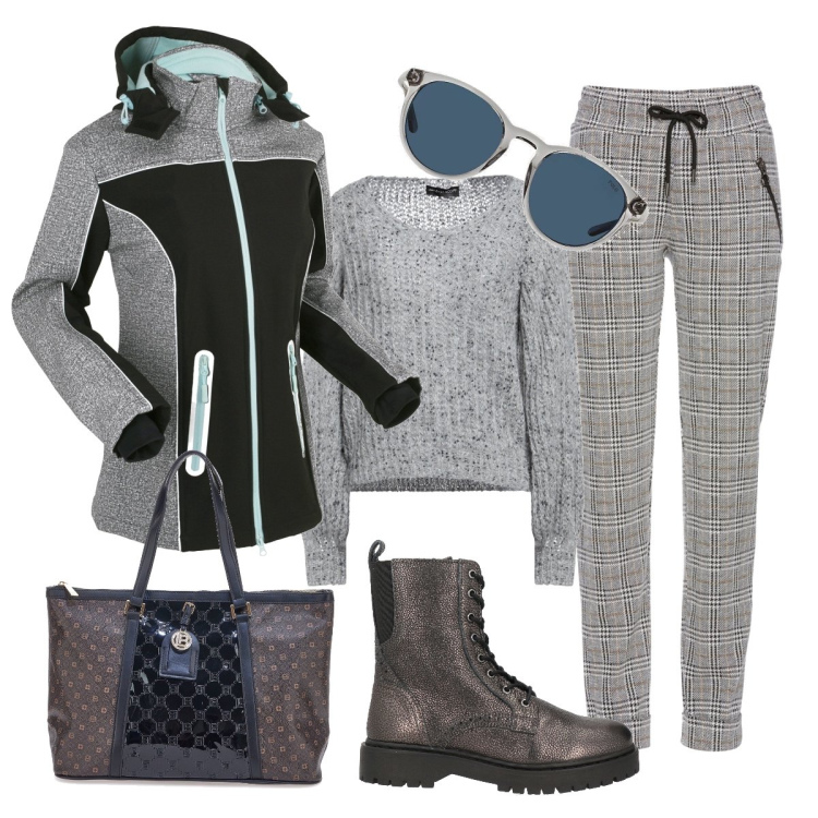Outfit donna - Elegante sportiva con il color grigio. Stile Casual chic per Tutti i giorni. Abbinamento con pantaloni, blazer, stivaletti, pullovers, occhiali da sole, borse a spalla.