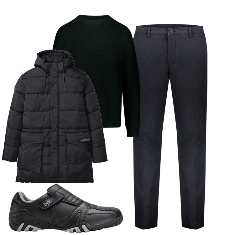 Outfit uomo - Black. Stile Urban per Tutti i giorni. Abbinamento con scarpe stringate, parka, pantaloni chino, maglieria.
