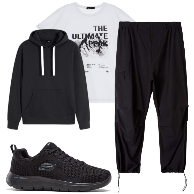 Outfit uomo - Total look #1772381. Stile Urban per Tutti i giorni. Abbinamento con sneakers, felpe con cappuccio, pantaloni cargo, t-shirt.