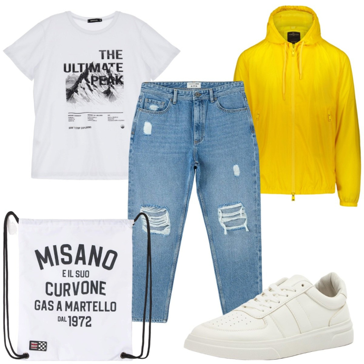Outfit uomo - Total look #1772406. Stile Trendy per Sport. Abbinamento con borse sportive, jeans strappati, sneakers, t-shirt, giacche.