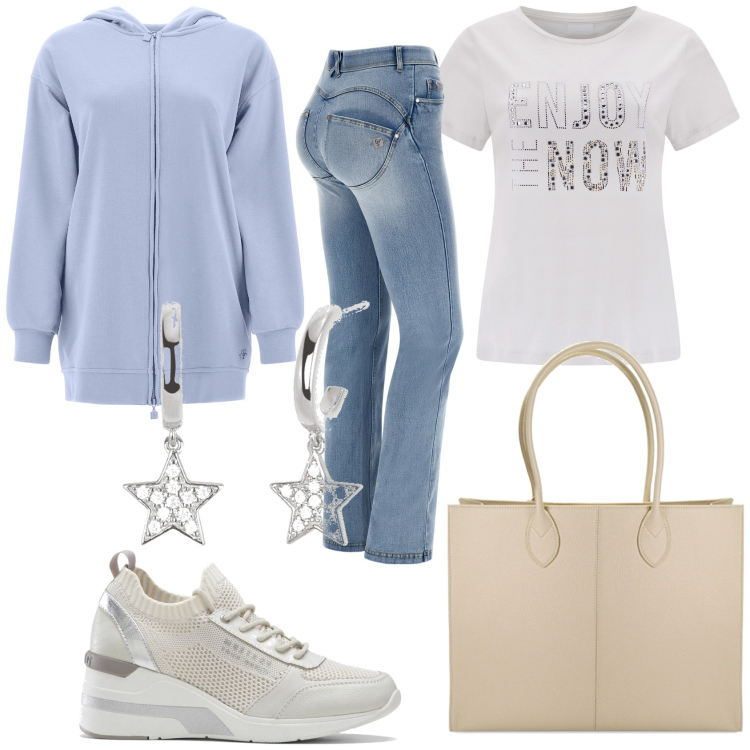 Outfit donna - Mi vesto e vado al mercato. Stile Casual per Tutti i giorni. Abbinamento con sneakers, orecchini, jeans skinny, felpe con cappuccio, t-shirt, borse a spalla.