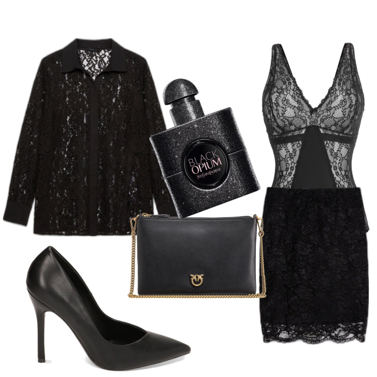 Outfit donna - Pantera nera. Stile Glamour per Serata fuori. Abbinamento con body, profumi, borse a tracolla, décolleté, gonne, camicie.