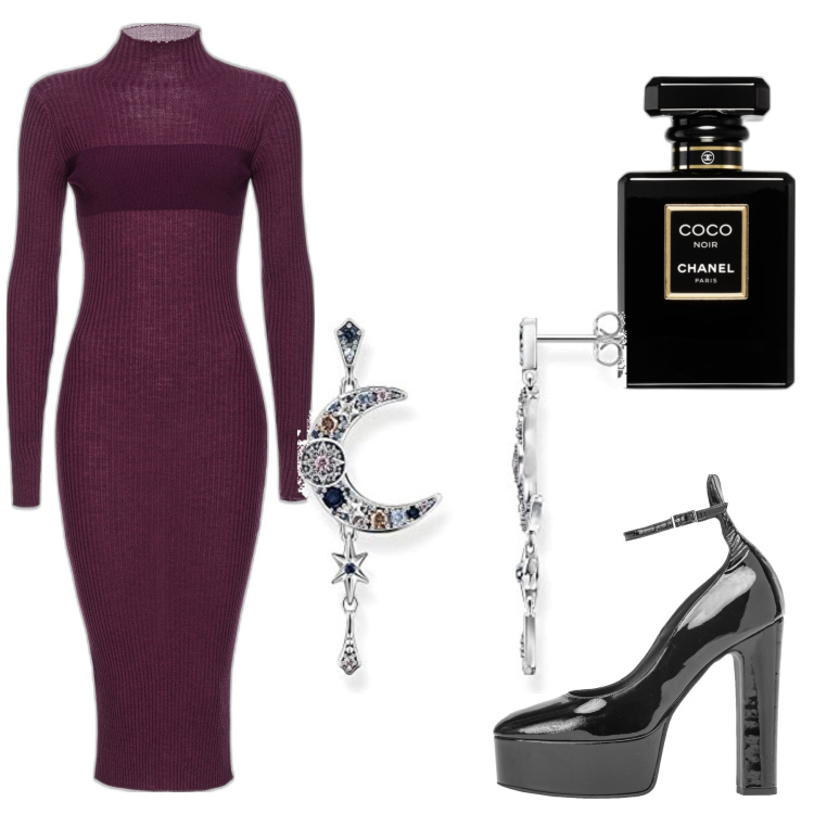 Outfit donna - Luna. Stile Glamour per Serata fuori. Abbinamento con profumi, vestiti lunghi, décolleté, orecchini.