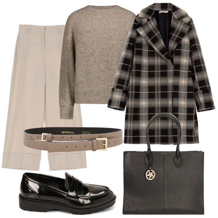 Outfit donna - Beige e nero. Stile Casual chic per Ufficio. Abbinamento con cinture, pantaloni a palazzo, cappotti, mocassini, borse a spalla, maglieria.