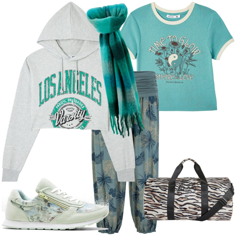 Outfit donna - Sportiva. Stile Casual per Sport. Abbinamento con pantaloni, sneakers, felpe sportive, t-shirt, borse sportive, sciarpe.