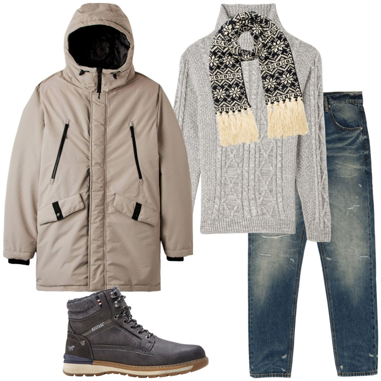 Outfit uomo - Jeans in inverno. Stile Casual per Tutti i giorni. Abbinamento con stivali e stivaletti, parka, maglieria, jeans dritti, sciarpe.