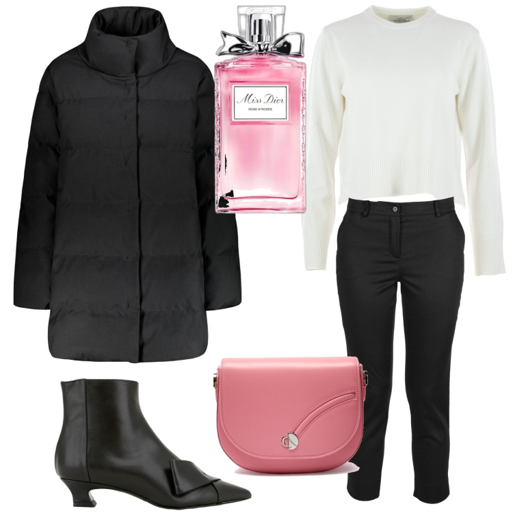 Outfit donna - Total look #1772504. Stile Basic per Tutti i giorni. Abbinamento con profumi, stivaletti, piumini, pantaloni, maglieria, borse a tracolla.