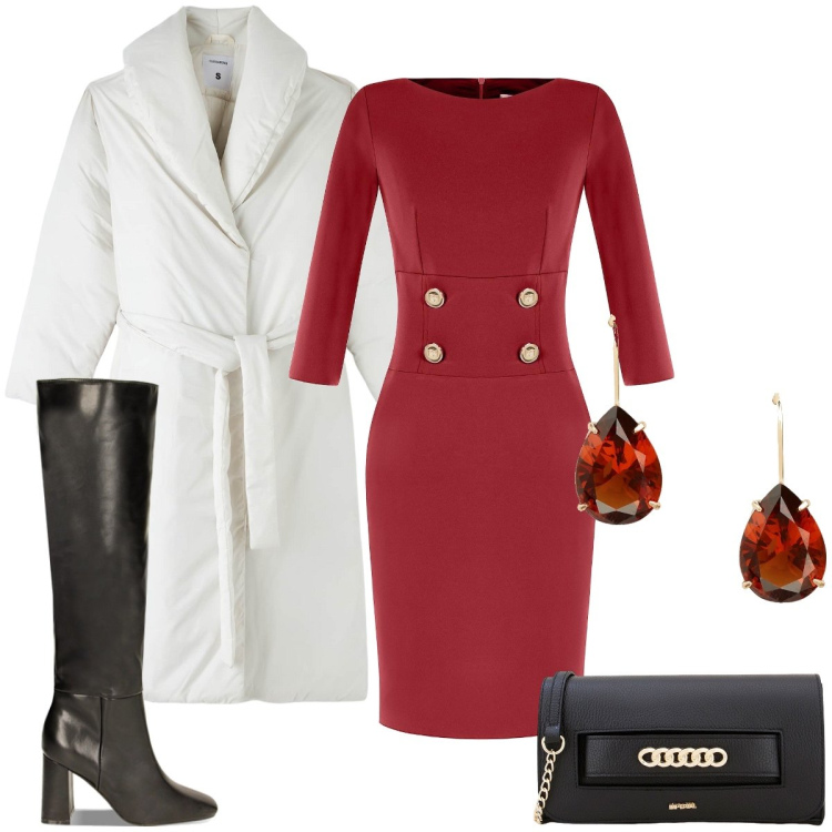 Outfit donna - Sophisticated Bordeaux. Stile Chic per Tutti i giorni. Abbinamento con piumini, vestiti a tubino, pochette, stivali, orecchini.