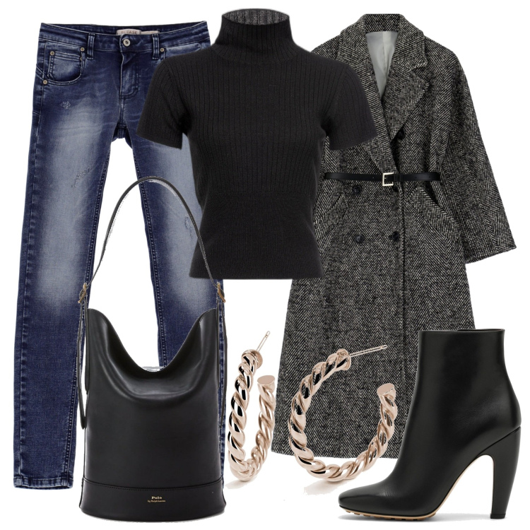 Outfit donna - Eclettica e Trendy. Stile Trendy per Tutti i giorni. Abbinamento con jeans slim fit, orecchini, maglieria, cappotti, borse a secchiello, stivaletti.