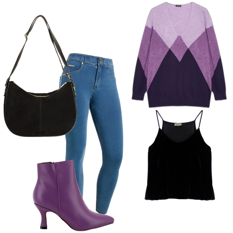 Outfit donna - Total look #1772529. Stile Sporty chic per Tutti i giorni. Abbinamento con stivaletti, jeans skinny, borse a spalla, canottiere, maglieria.