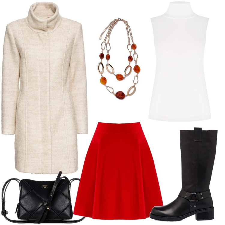 Outfit donna - Gonna a ruota everyday. Stile Bon Ton per Tutti i giorni. Abbinamento con cappotti, borse a spalla, cardigans, minigonne, stivali sopra il ginocchio, ciondoli.