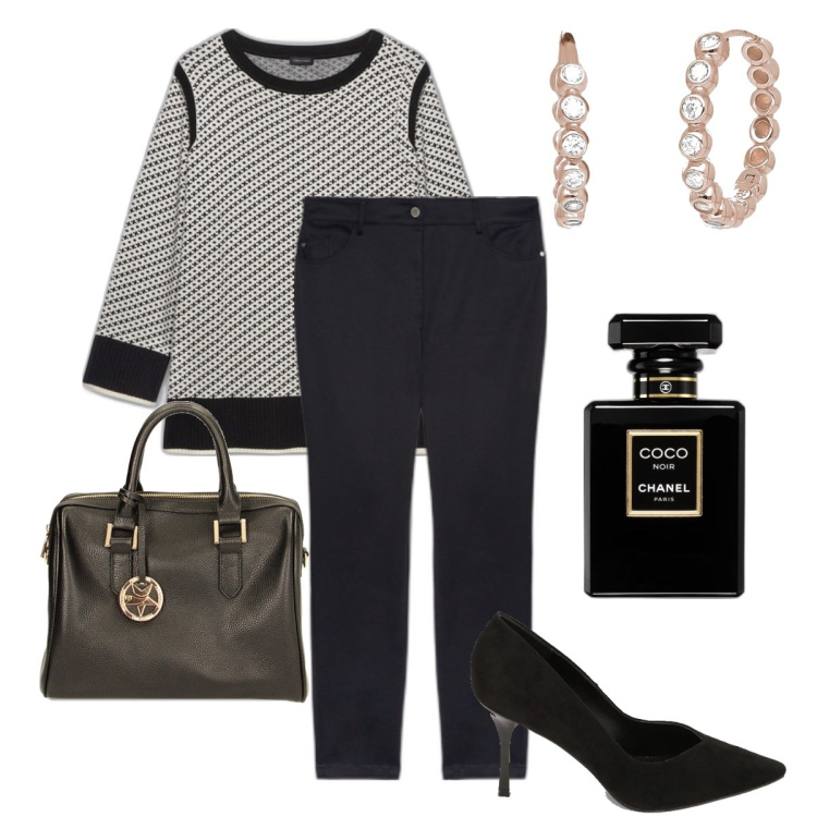 Outfit donna - Bon ton in ufficio. Stile Bon Ton per Ufficio. Abbinamento con profumi, orecchini, décolleté, borse a mano, maglieria, pantaloni skinny.