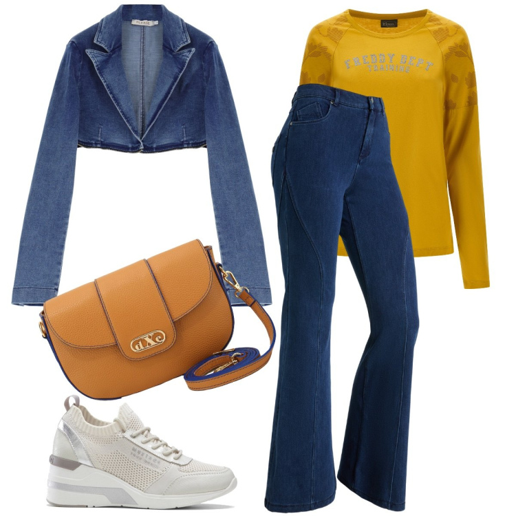 Outfit donna - Il micro blazer in denim. Stile Casual chic per Tutti i giorni. Abbinamento con sneakers, blazer, jeans a zampa, t-shirt, pochette.