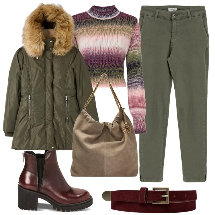 Outfit donna - il maglioncino sfumato. Stile Casual per Tutti i giorni. Abbinamento con maglieria, parka, jeans slim fit, stivaletti chelsea, borse a spalla, cinture.