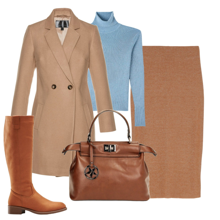 Outfit donna - In città. Stile Chic per Tutti i giorni. Abbinamento con stivali, cappotti, maglieria, borse a mano, gonne longuette.