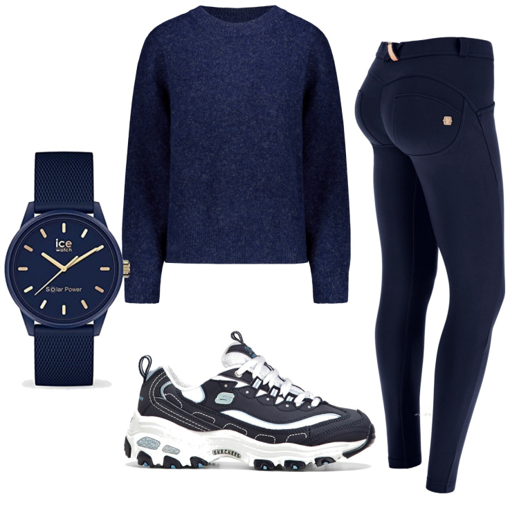 Outfit donna - Casual sport blu. Stile Casual per Sport. Abbinamento con scarpe sportive, pantaloni skinny, maglieria, orologi.