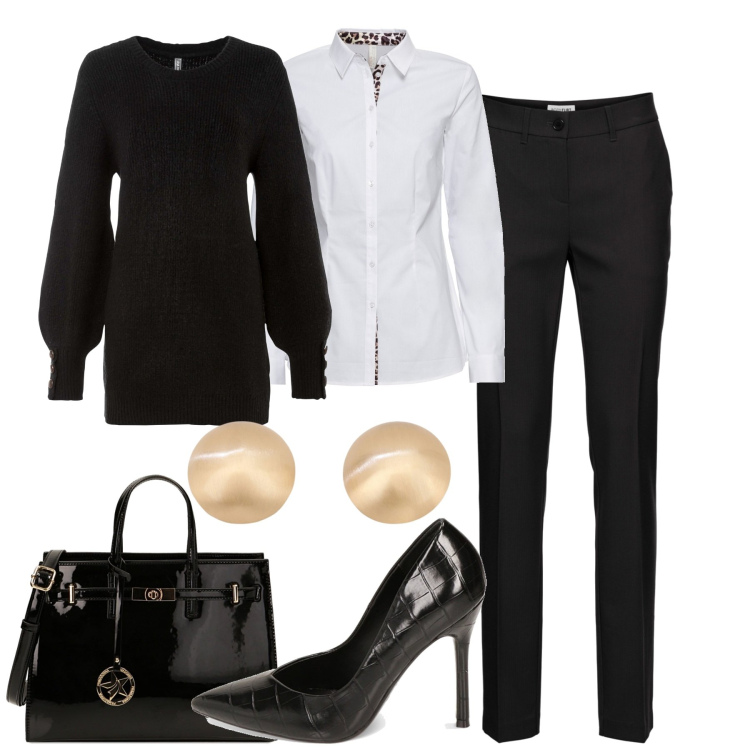 Outfit donna - In ufficio. Stile Chic per Ufficio. Abbinamento con maglieria, pantaloni, camicie, orecchini, borse a mano, décolleté.