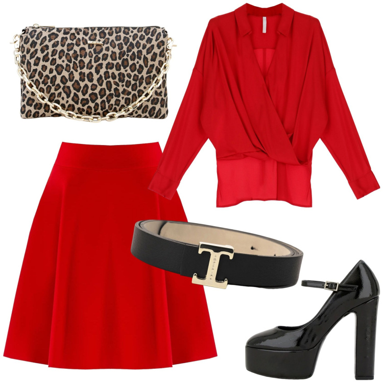 Outfit donna - Look fresco e audace. Stile Glamour per Serata fuori. Abbinamento con minigonne, camicie, décolleté, cinture, pochette.