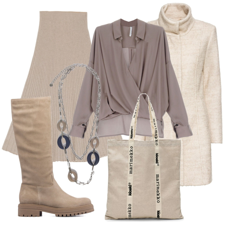 Outfit donna - Colori chiari. Stile Bon Ton per Serata fuori. Abbinamento con cappotti, camicie, gonne longuette, stivali sopra il ginocchio, borse tote, ciondoli.