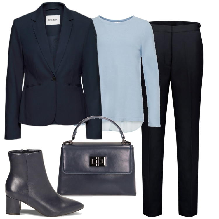 Outfit donna - In ufficio. Stile Bon Ton per Ufficio. Abbinamento con blazer, maglieria, stivaletti, borse a mano, pantaloni.