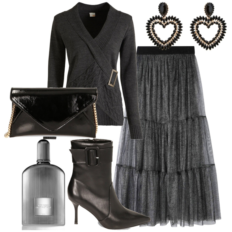 Outfit donna - Grigio. Stile Glamour per Tutti i giorni. Abbinamento con pullovers, profumi, gonne, stivaletti, borse a tracolla, orecchini.