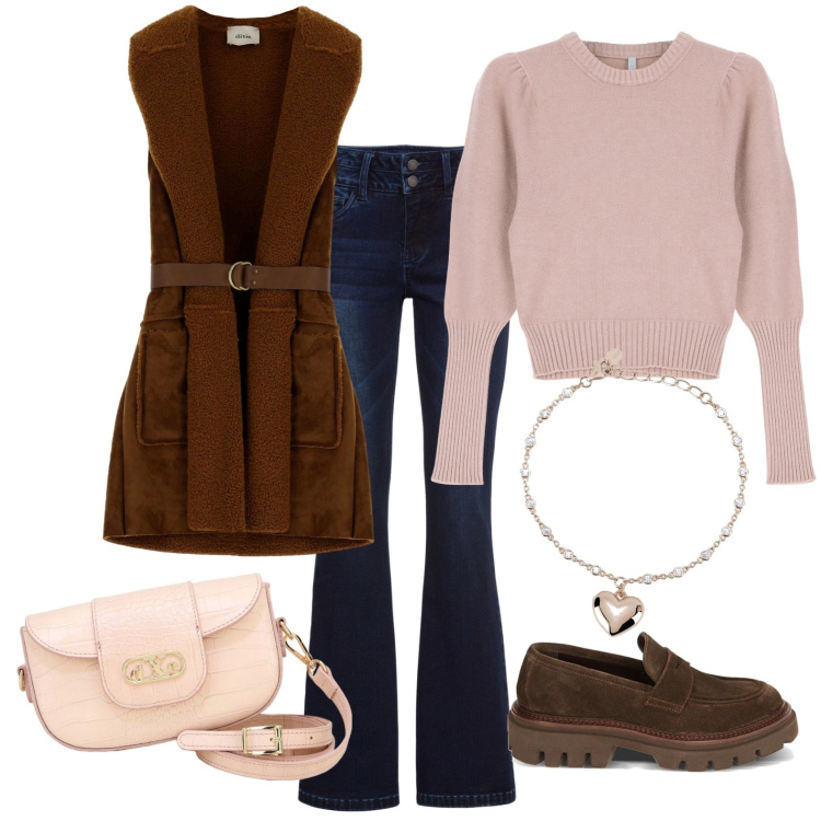 Outfit donna - Total look #1772662. Stile Casual per Tutti i giorni. Abbinamento con jeans bootcut, braccialetti, pullovers, mocassini, pochette, gilet.