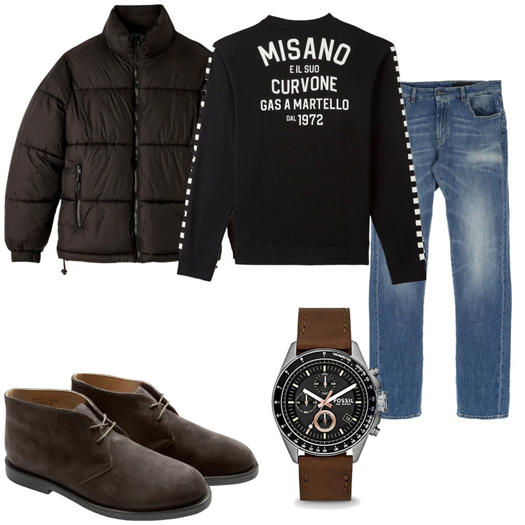Outfit uomo - Sono pronto per uscire. Stile Trendy per Tutti i giorni. Abbinamento con felpe, piumini, jeans dritti, stivali, orologi.
