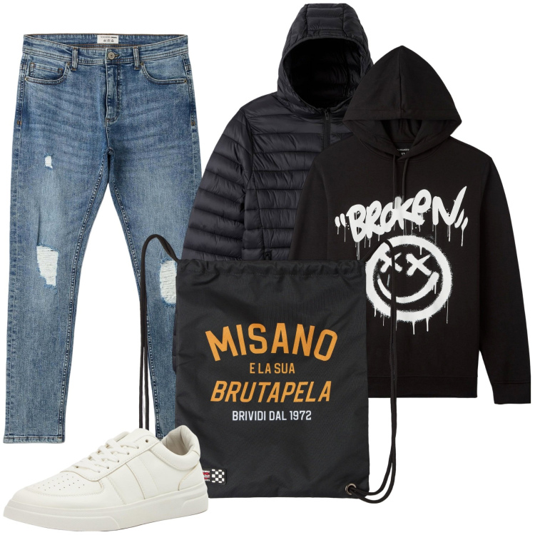 Outfit uomo - Tutti i giorni. Stile Trendy per Tutti i giorni. Abbinamento con borse sportive, felpe con cappuccio, cappotti, jeans strappati, sneakers.