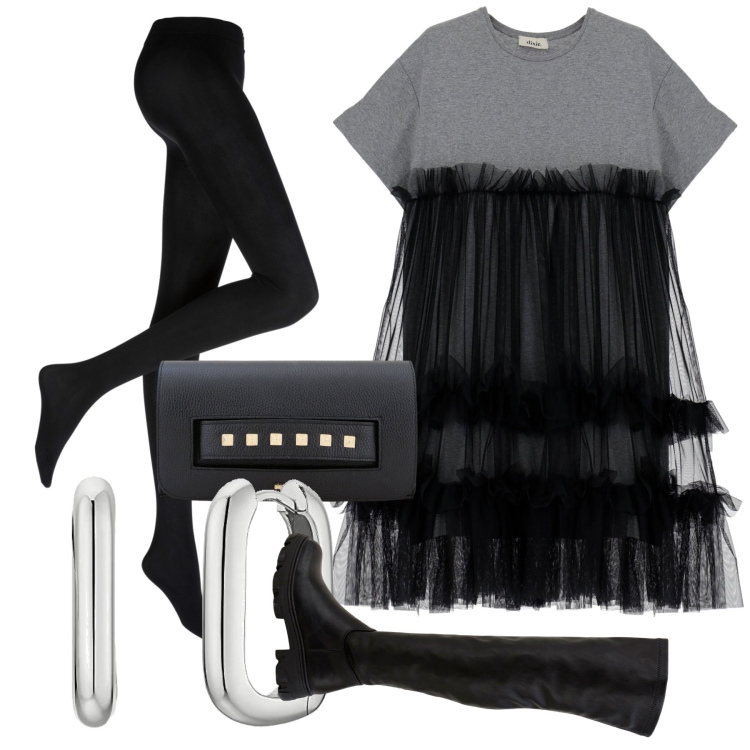Outfit donna - Serata di festa. Stile Chic per Serata fuori. Abbinamento con collant, pochette, stivali, vestiti corti, orecchini.