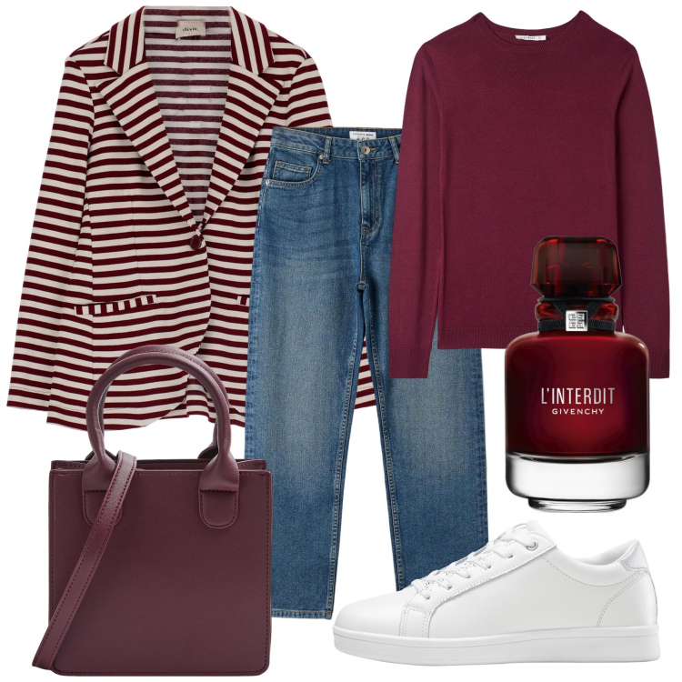 Outfit donna - Bordeaux. Stile Casual per Tutti i giorni. Abbinamento con sneakers, profumi, maglieria, jeans dritti, shopping bag, blazer.
