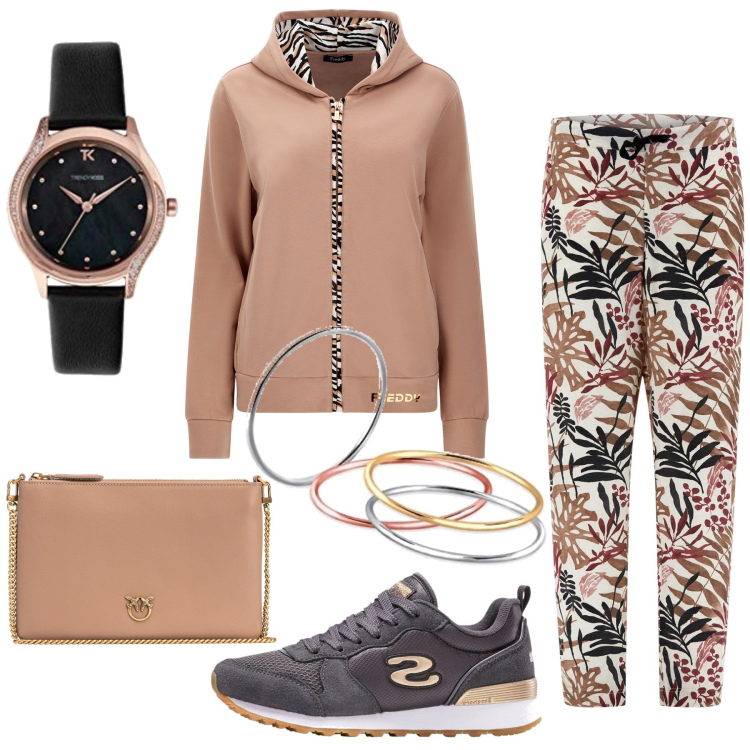 Outfit donna - Pantaloni fantasia. Stile Casual per Sport. Abbinamento con sneakers, borse a tracolla, pantaloni, felpe con cappuccio, orologi, anelli.