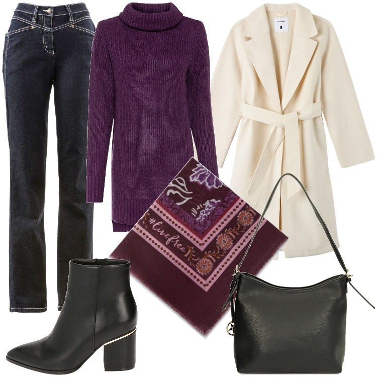 Outfit donna - color melanzana. Stile Casual per Tutti i giorni. Abbinamento con maglieria, jeans dritti, cappotti, borse a spalla, stivaletti, foulard.