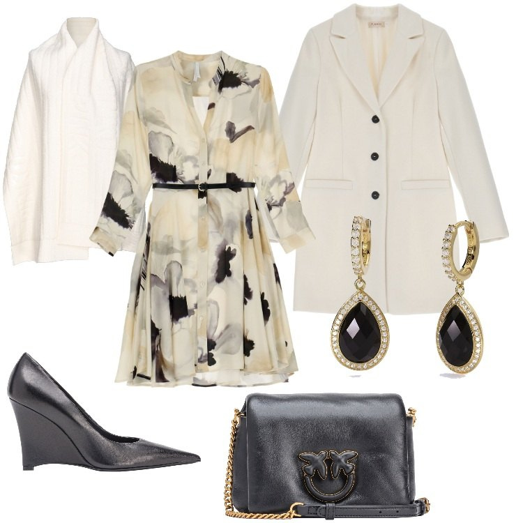 Outfit donna - cerimonia in inverno. Stile Chic per Cerimonia. Abbinamento con orecchini, borse a tracolla, décolleté, sciarpe, cappotti, vestiti corti.