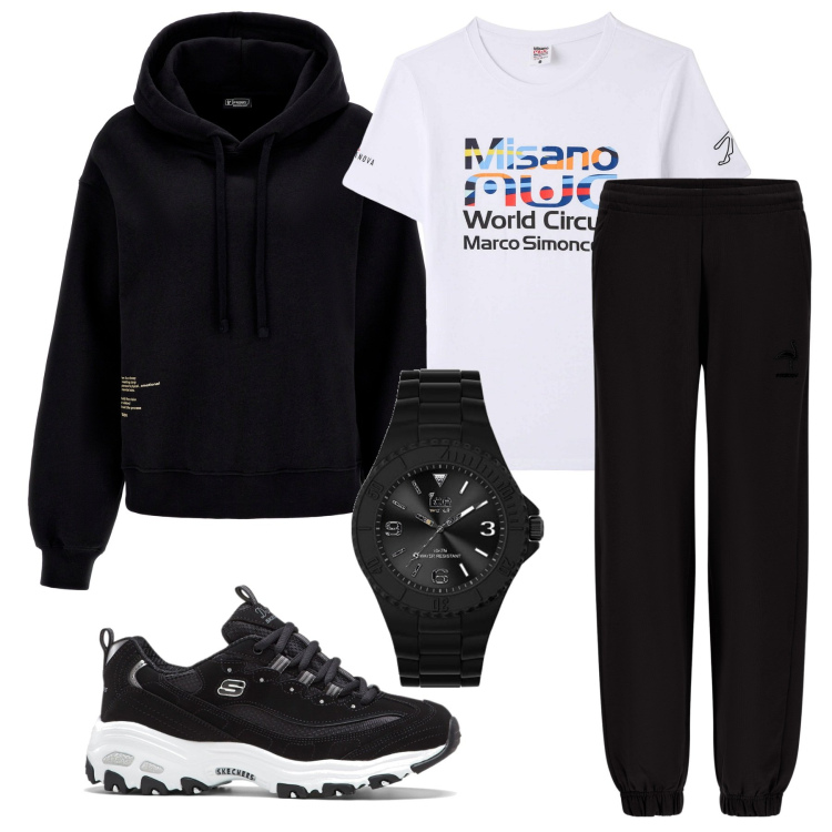 Outfit donna - Total look sport. Stile Casual per Sport. Abbinamento con scarpe sportive, t-shirt, pantaloni, felpe con cappuccio, orologi.